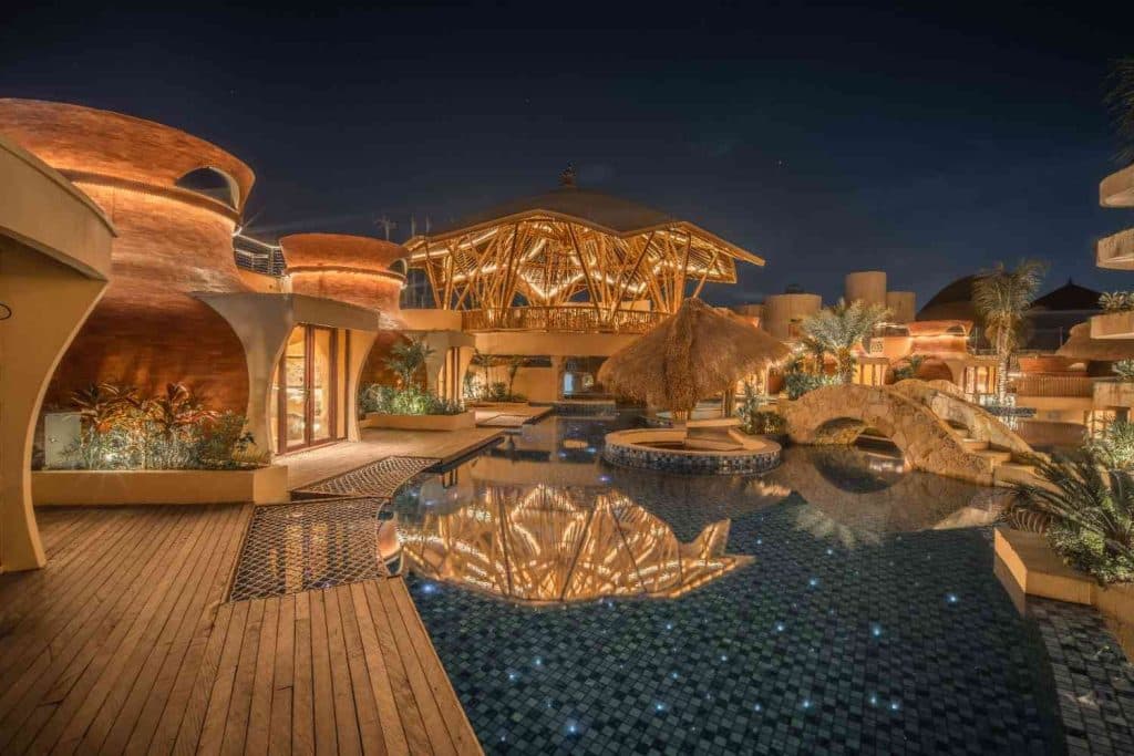 glow sparkling pool at night